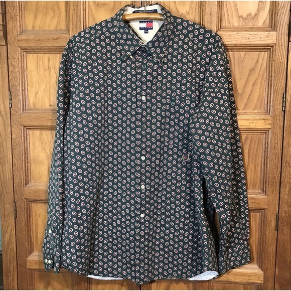 Tommy Hilfiger XL Oxford Button-Down Green Print‎ Shirt Pocket Flag & Crest Logo - Picture 2 of 12